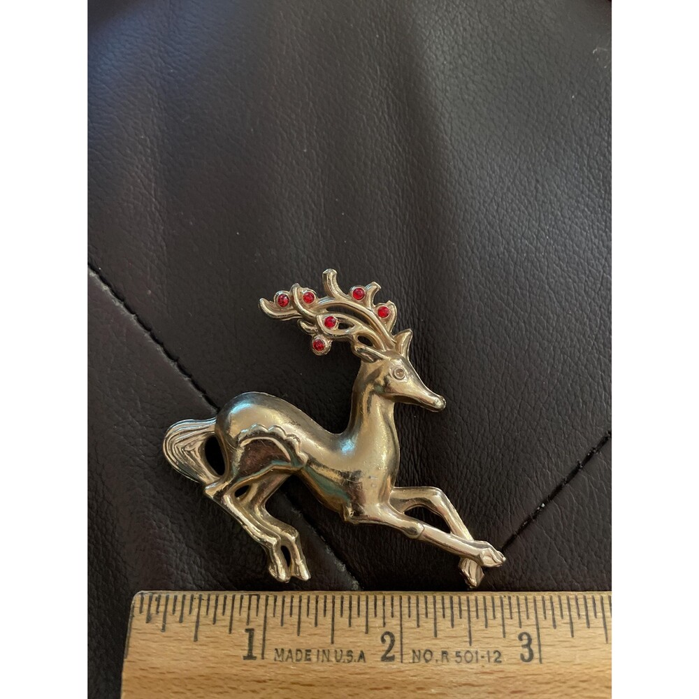 Art Deco Stag Reindeer Gold Plated Brooch Pin Deer Brooch Red Rhinestones